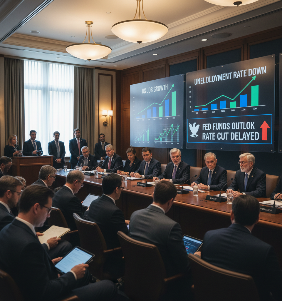 Robust Jobs Report Fuels Fed Hawk Stance, Delaying Rate Cut Expectations Amidst Economic Stability — AI-generated illustration