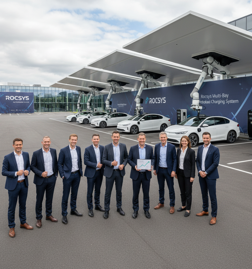 Rocsys Secures $13M, Unveils Multi-Bay Robotaxi Charging System for Autonomous Fleets — AI-generated illustration