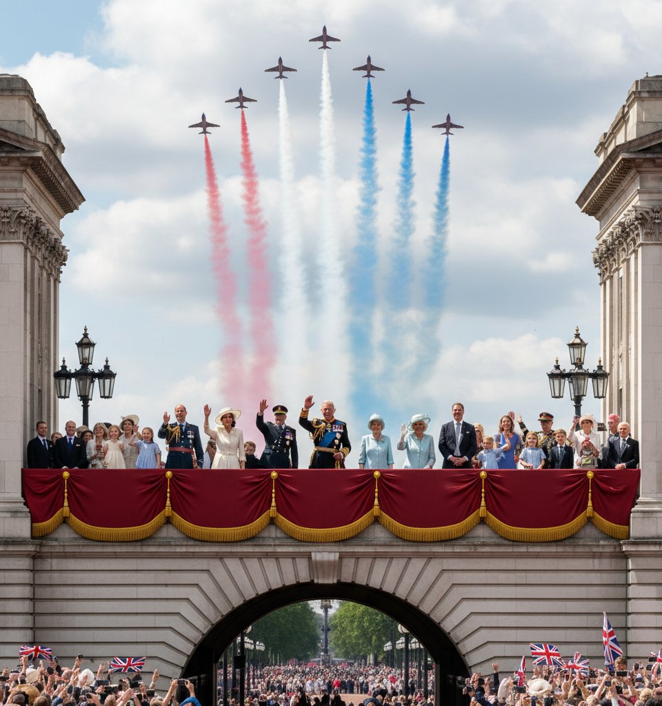 Royal Family Gathers on Buckingham Palace Balcony for Annual King's Birthday Flypast — AI-generated illustration