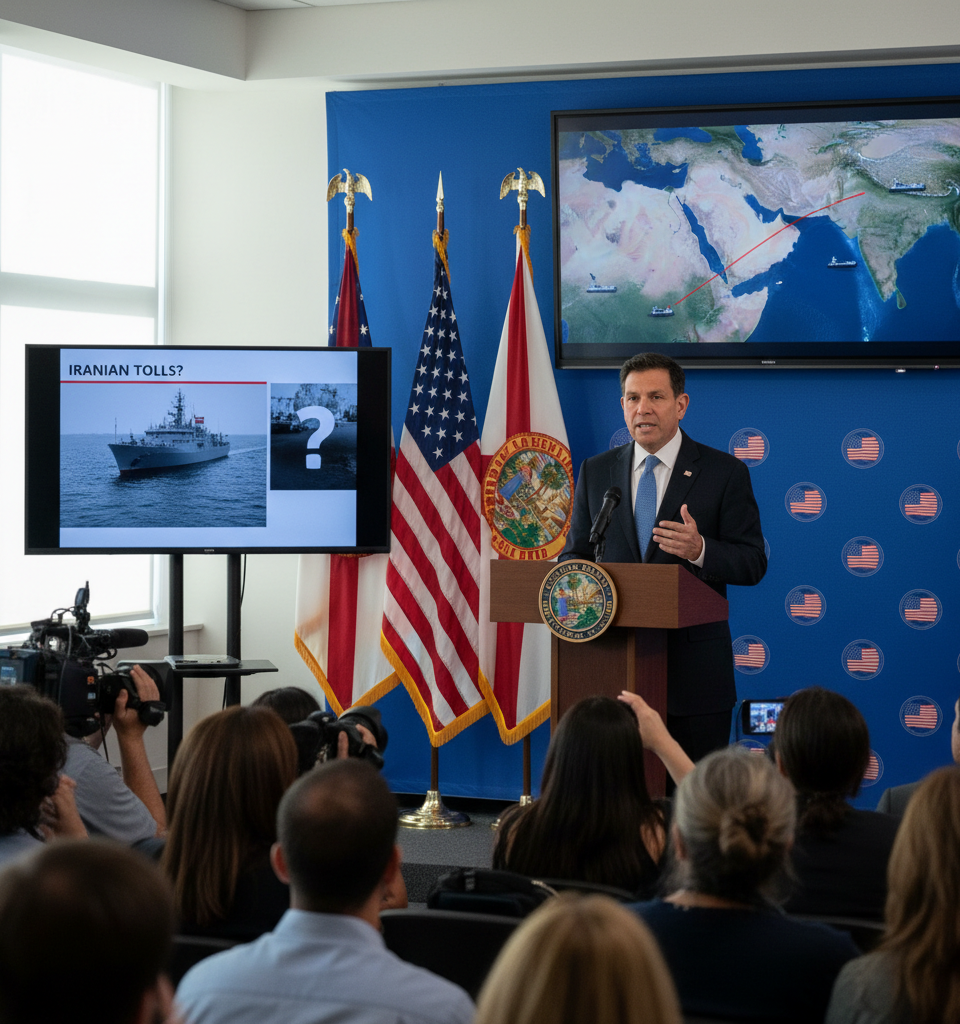 Rubio Challenges Iranian Claims of Hormuz Tolls Amid Strait Tensions — AI-generated illustration