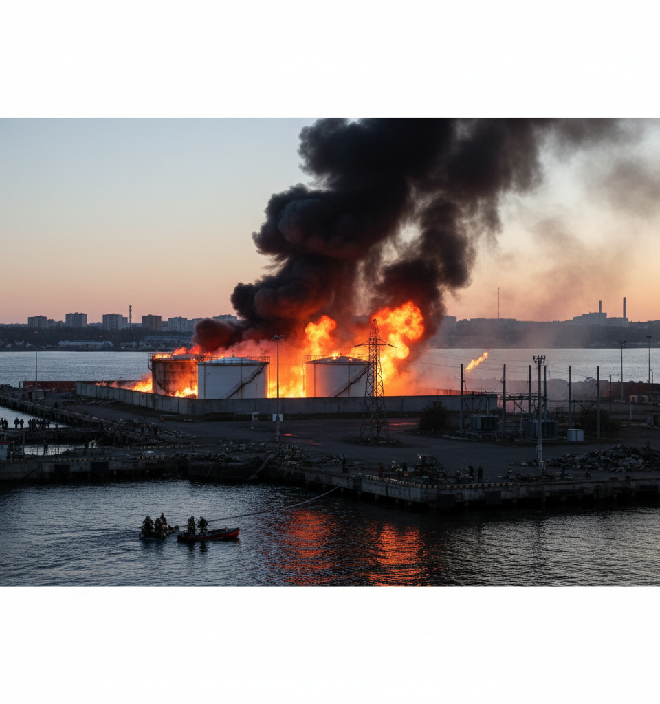 Russian Baltic Port Ablaze After Drone Attack; Ukraine Faces Power Outages Amid Escalating Conflict — AI-generated illustration