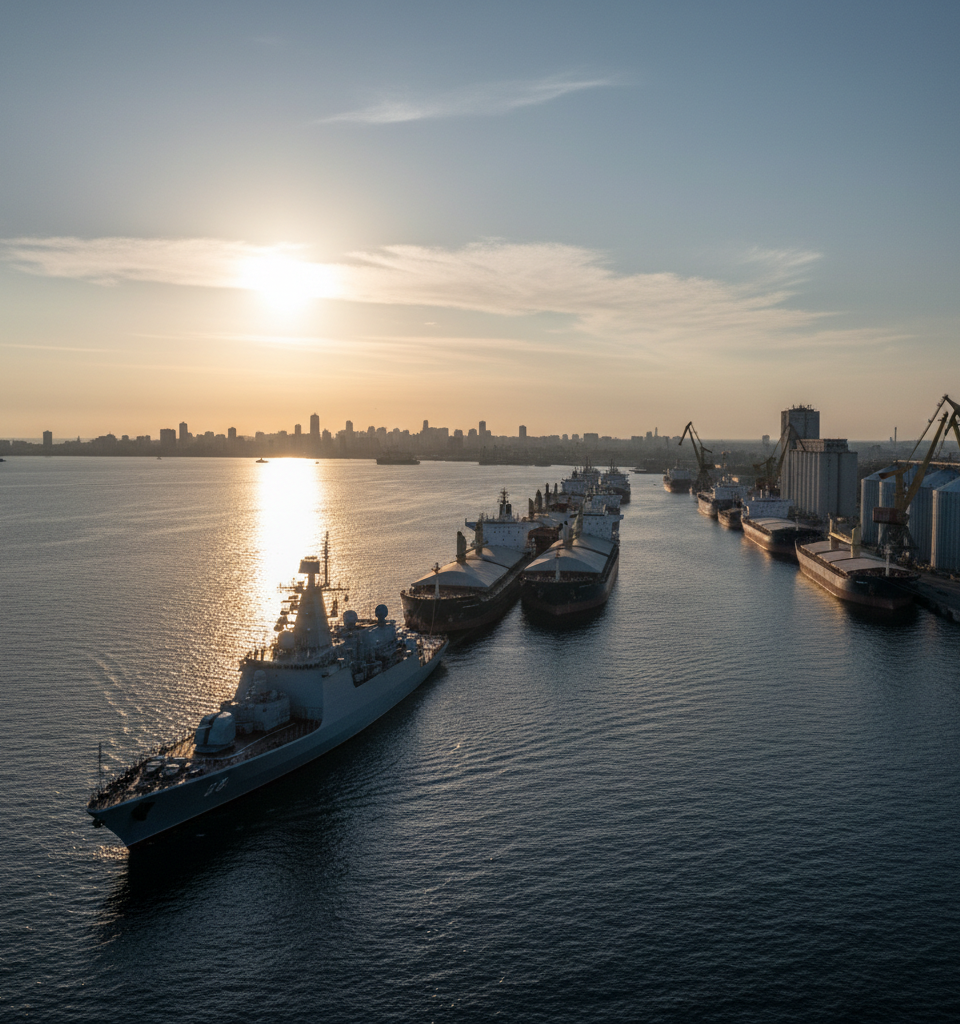 Russian Blockade of Key Ukrainian Ports Intensifies, Raising Global Grain Supply Concerns — AI-generated illustration
