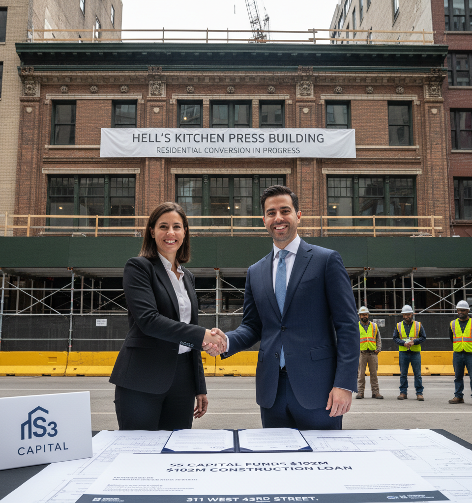 S3 Capital Funds $102M Hell's Kitchen Office-to-Residential Conversion — AI-generated illustration