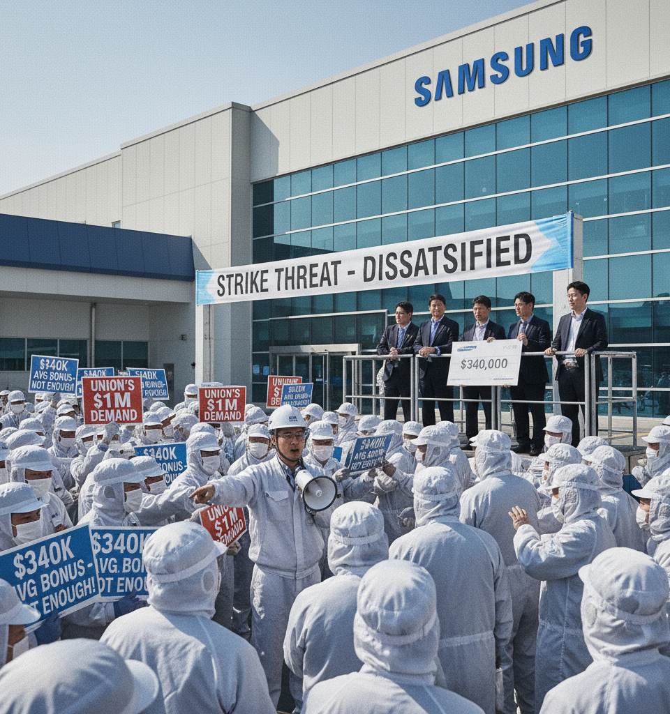 Samsung Chip Workers Offered $340K Average Bonus Amid Union's $1M Demand, Strike Threat — AI-generated illustration