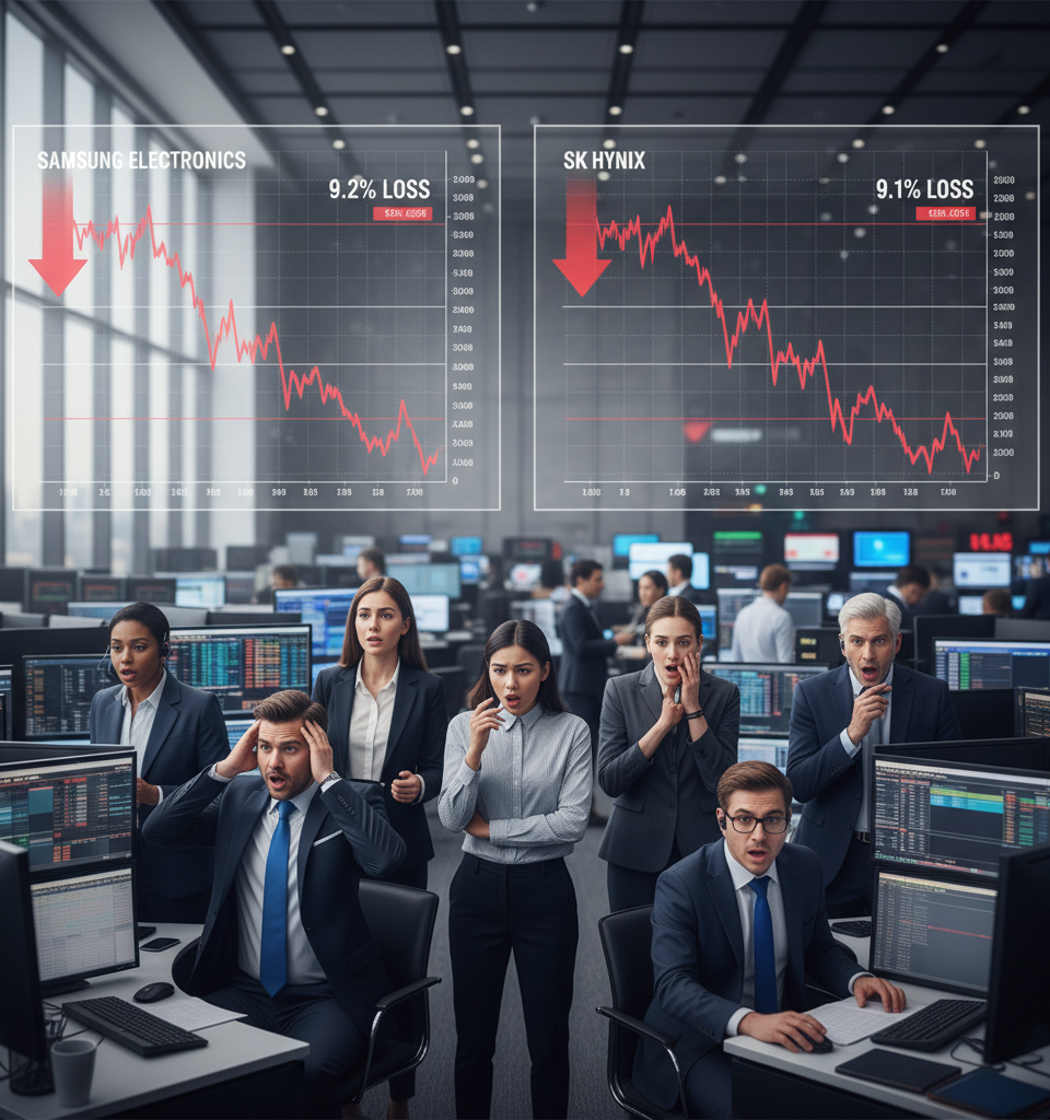 Samsung, SK Hynix Shares Plummet Over 9% Amid Spreading Chip Industry Rout — AI-generated illustration
