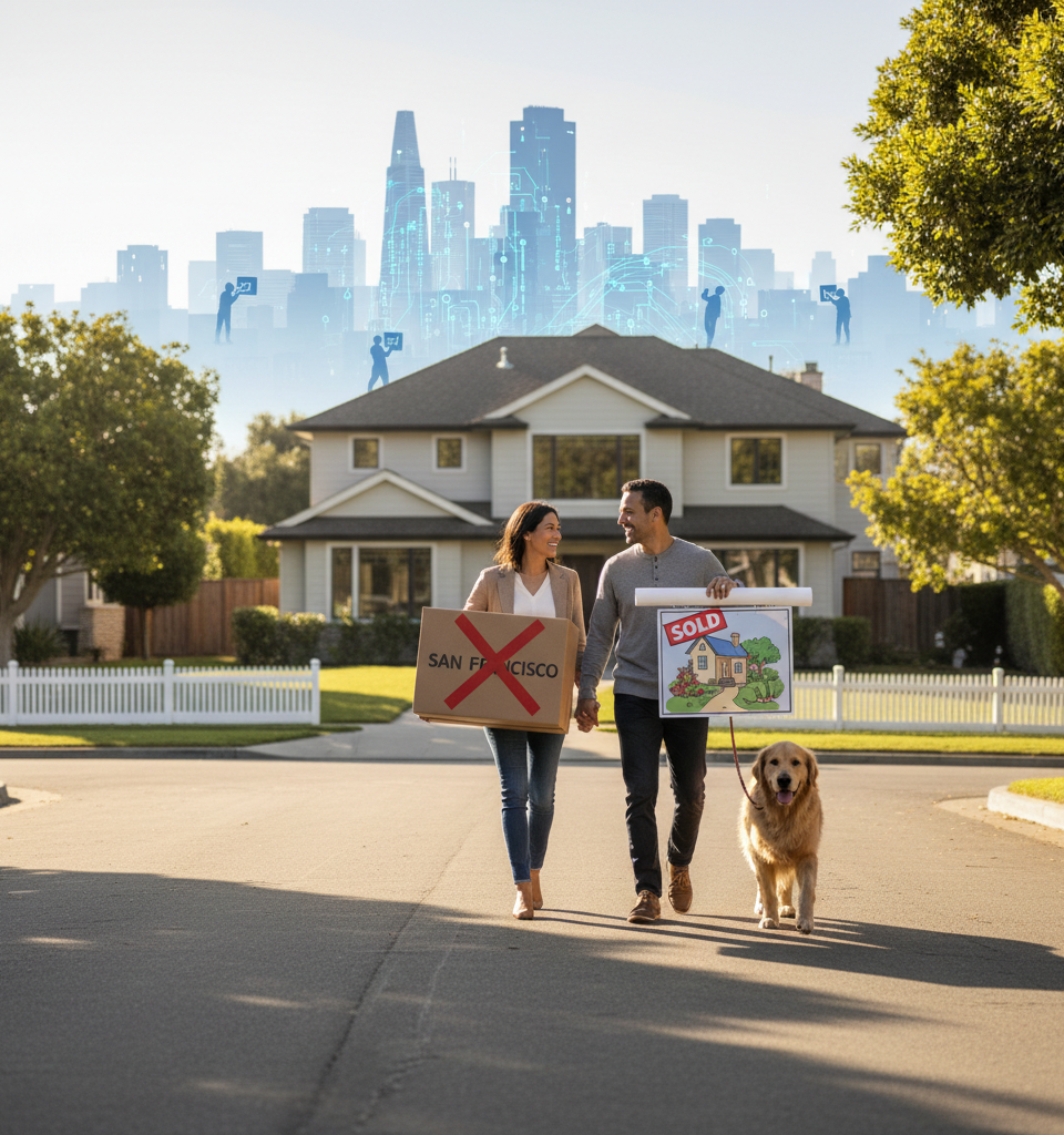 San Francisco Homebuyers Flee City's AI-Fueled Bidding Wars for Suburban Serenity — AI-generated illustration
