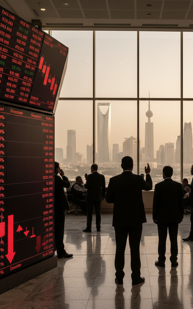 Saudi, Gulf Stock Markets Decline Following Houthi Attack Claims in Riyadh — AI-generated illustration