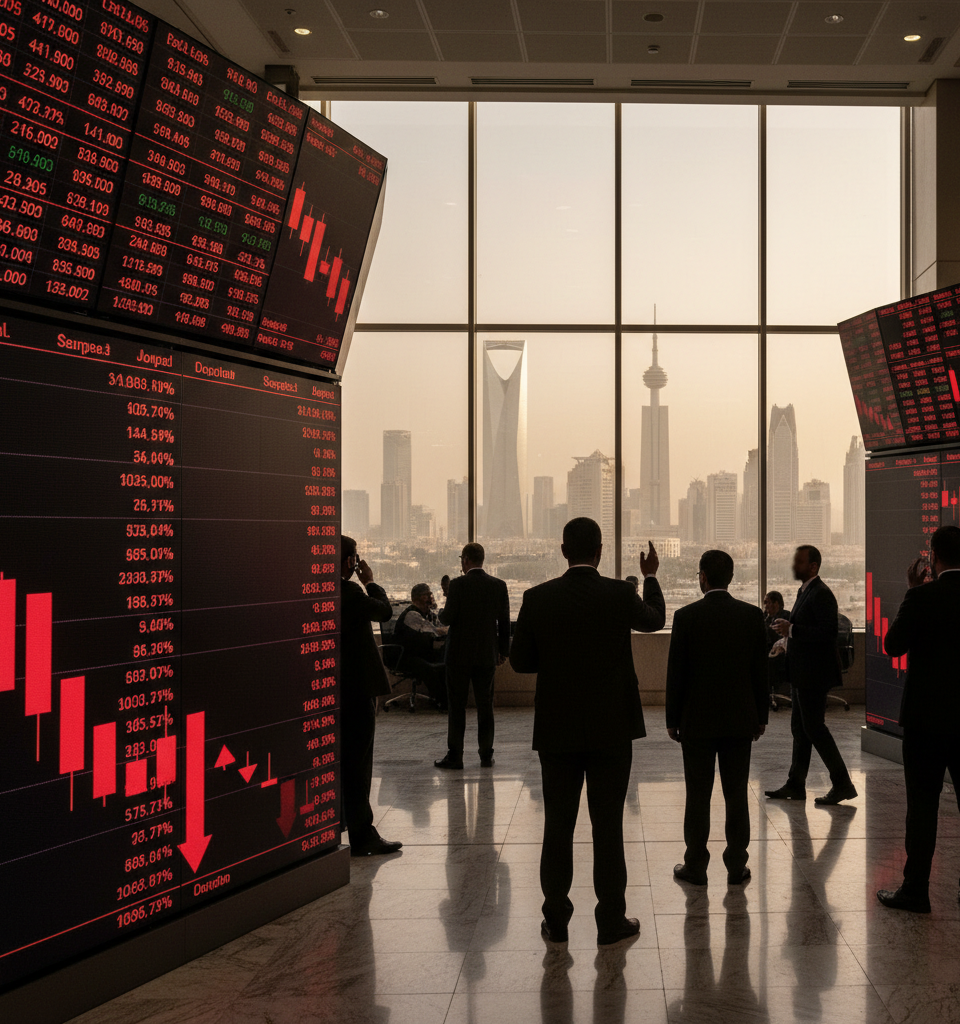 Saudi, Gulf Stock Markets Decline Following Houthi Attack Claims in Riyadh — AI-generated illustration