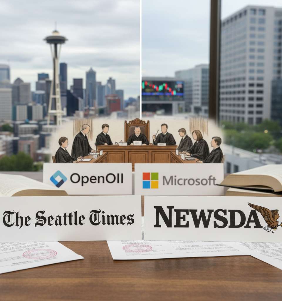 Seattle Times, Newsday Sue OpenAI and Microsoft Over Alleged Copyright Infringement — AI-generated illustration