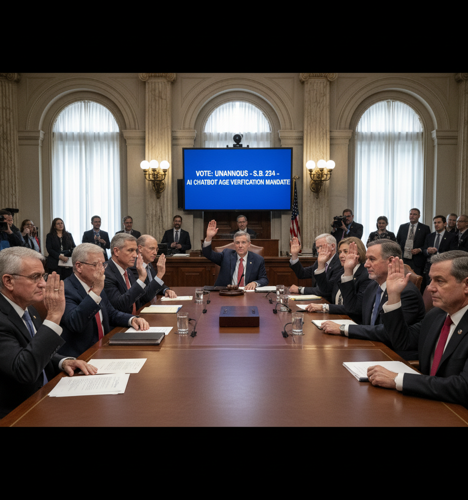Senate Judiciary Committee Unanimously Backs AI Chatbot Age Verification Mandate — AI-generated illustration