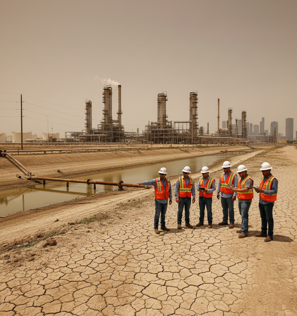Severe Drought Threatens Gulf Coast Refineries, Imperiling U.S. Gasoline Supply Amidst Global Volatility — AI-generated illustration