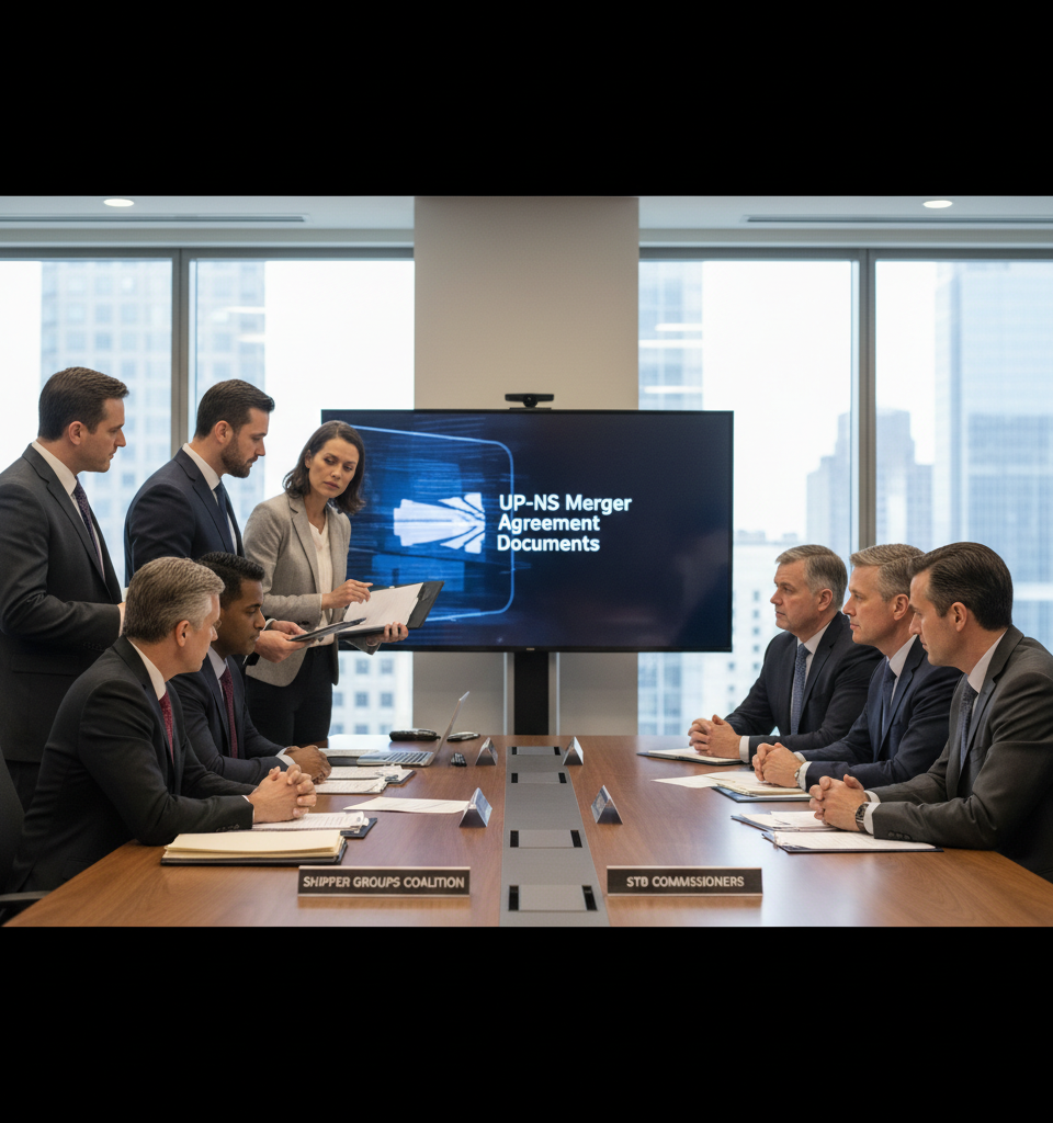 Shipper groups ask STB to make key UP-NS merger agreement documents public — AI-generated illustration