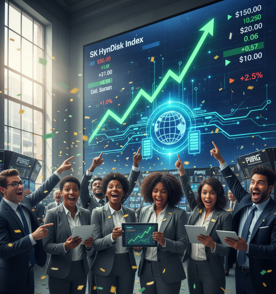 SK Hynix shares hit record high on AI optimism, SanDisk index inclusion — AI-generated illustration