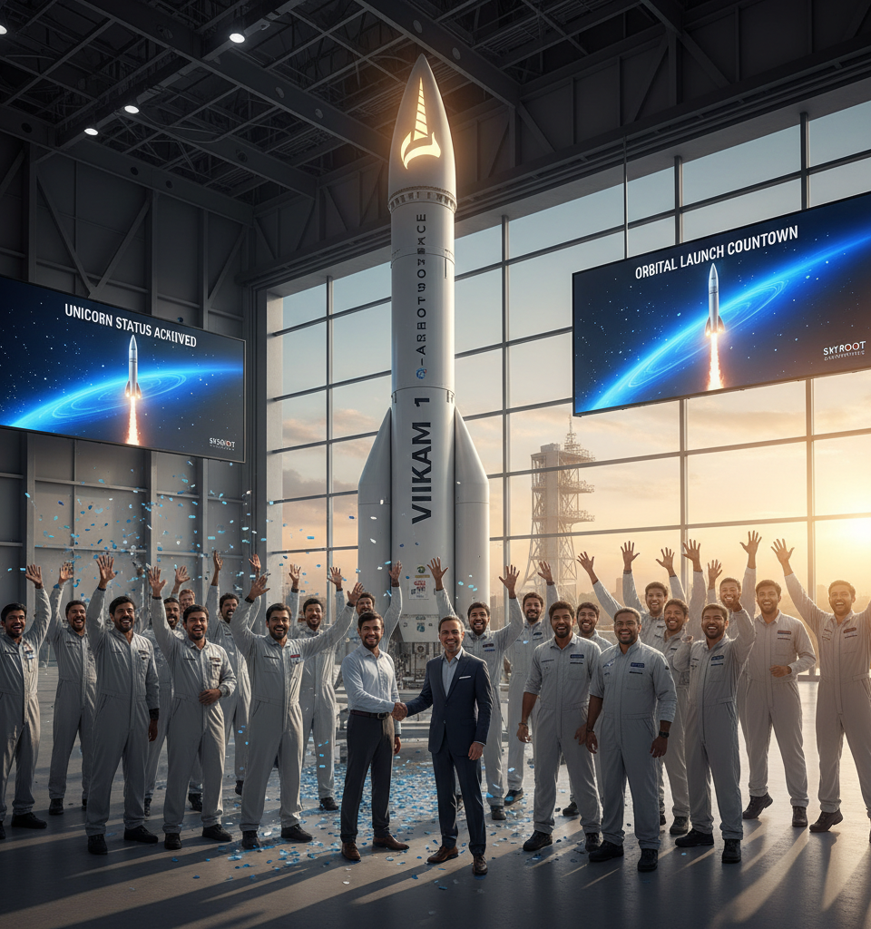 Skyroot Aerospace Soars to Unicorn Status Ahead of Vikram-1 Orbital Launch — AI-generated illustration