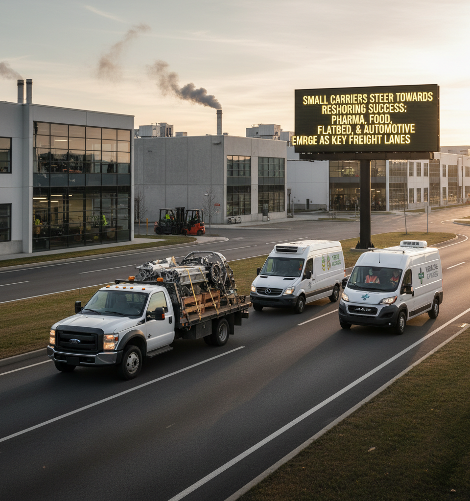 Small Carriers Steer Towards Reshoring Success: Pharma, Food, Flatbed, and Automotive Emerge as Key Freight Lanes — AI-generated illustration