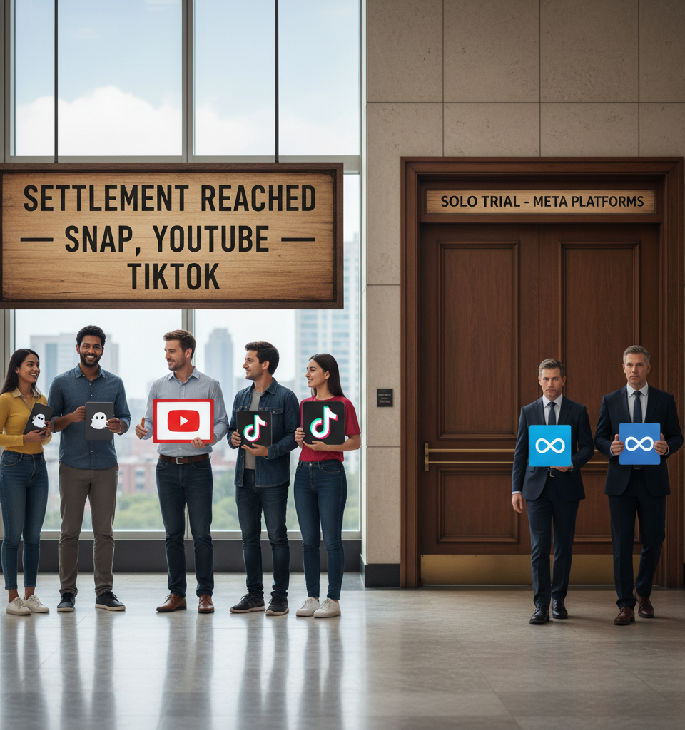 Snap, YouTube, TikTok Settle School Addiction Lawsuit; Meta Faces Solo Trial — AI-generated illustration