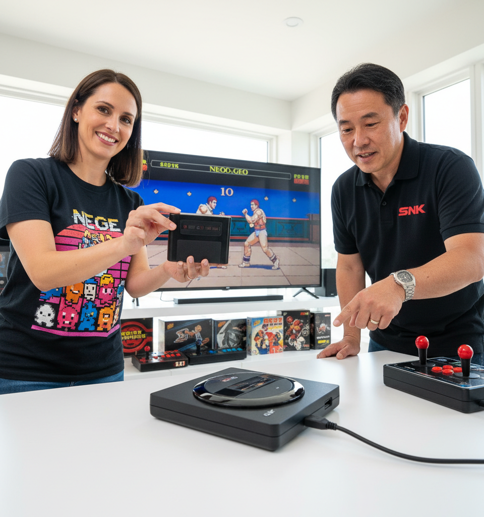 SNK's Neo Geo console remake works with original cartridges and HDMI — AI-generated illustration