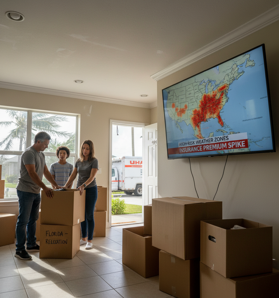 Soaring Insurance Premiums Drive US Migration Shift Away From High-Risk Zones — AI-generated illustration