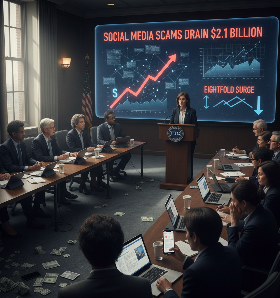 Social Media Scams Drain $2.1 Billion from Consumers, FTC Warns of Eightfold Surge — AI-generated illustration