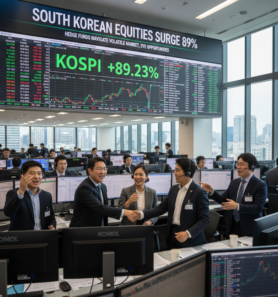 South Korean Equities Surge 89%: Hedge Funds Navigate Volatile Market, Eye Opportunities — AI-generated illustration
