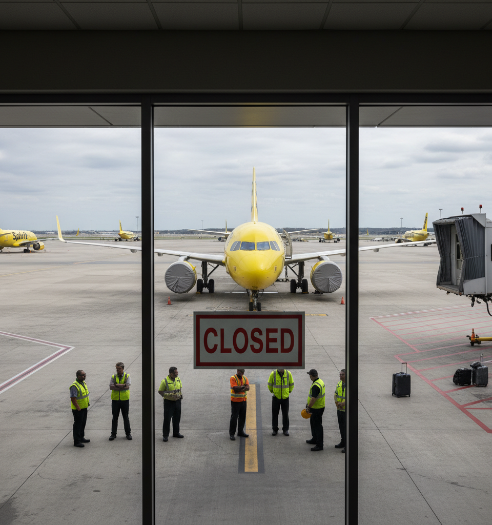 Spirit Airlines Grounds All Flights Amid Failed Bailout Talks, Marking End of an Era — AI-generated illustration
