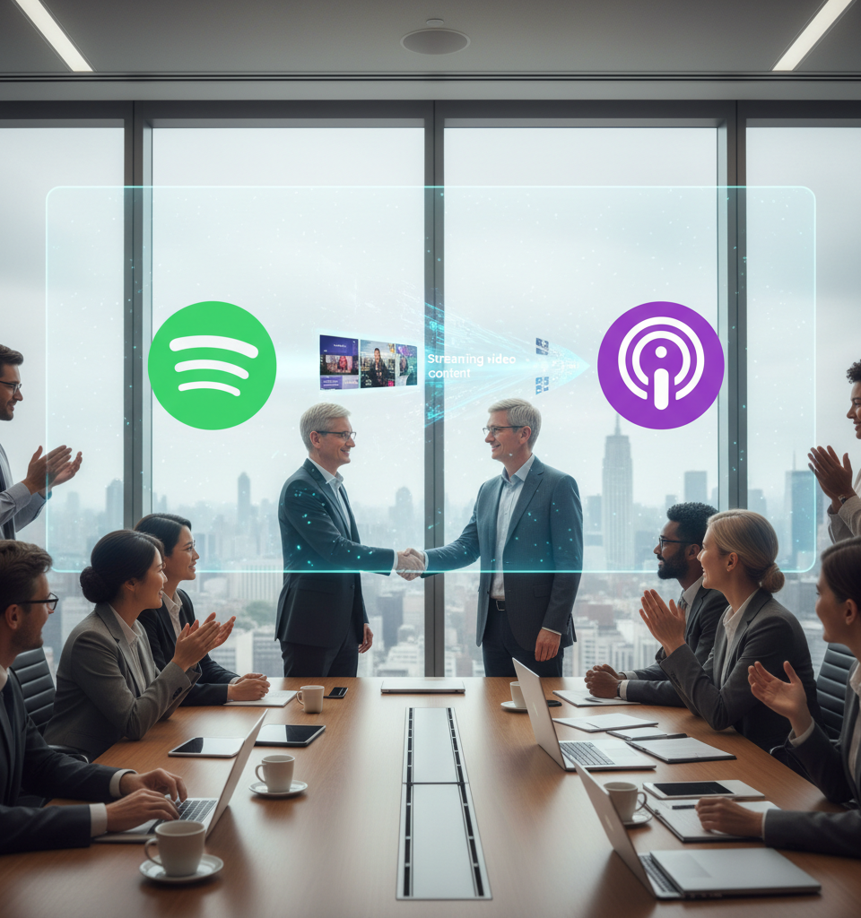 Spotify Embraces Apple's Video Podcast Tech, Streamlining Creator Distribution — AI-generated illustration