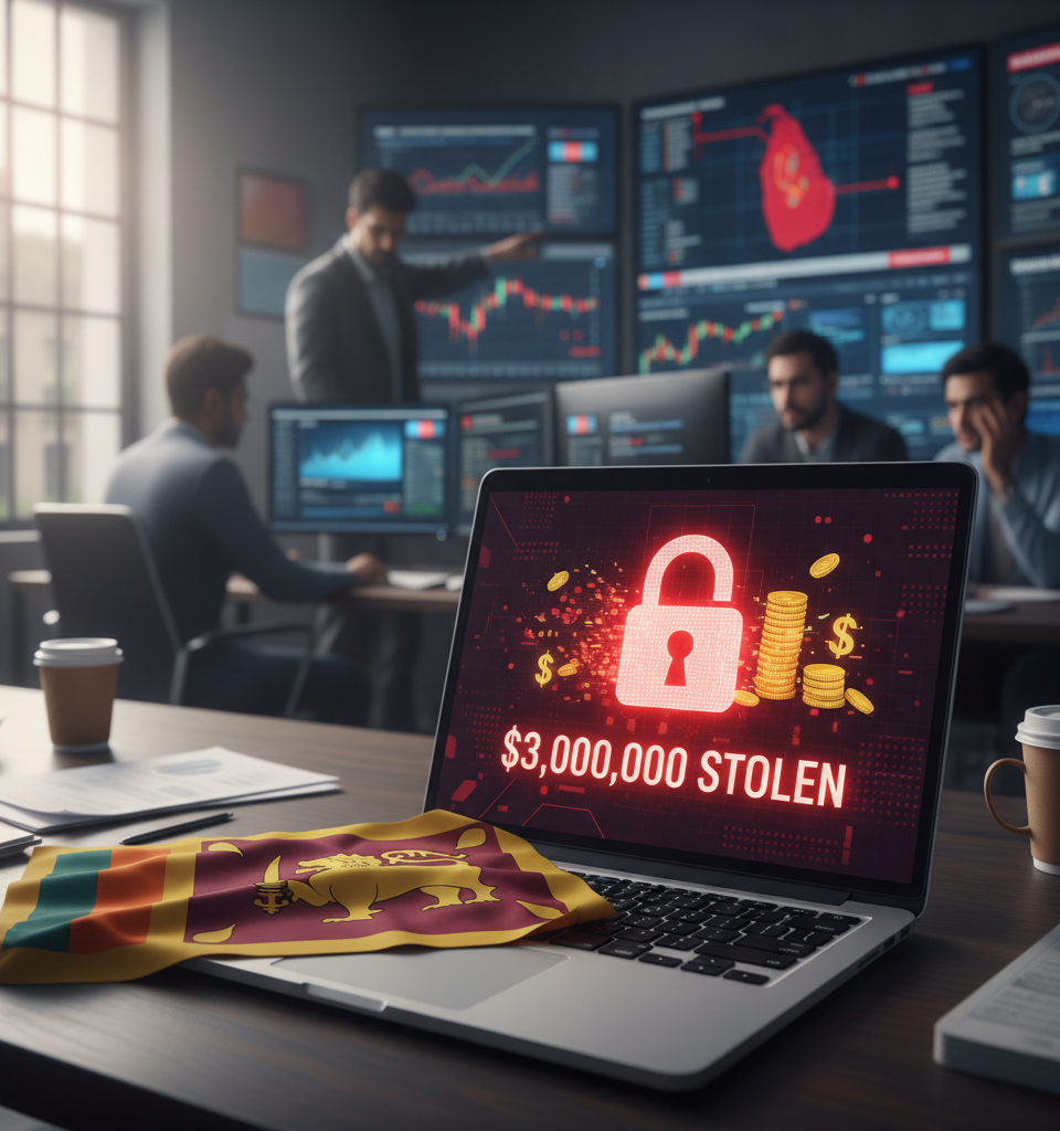 Sri Lanka Rocked by Dual Cyberattacks: Over $3 Million Stolen Amidst Economic Recovery — AI-generated illustration