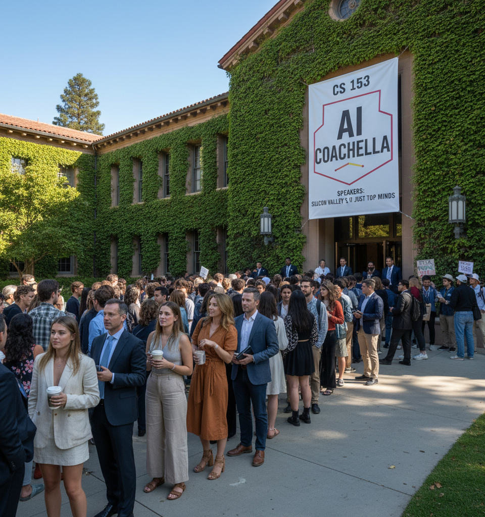 Stanford's 'AI Coachella' Draws Silicon Valley Elite, Sparks Campus Debate — AI-generated illustration