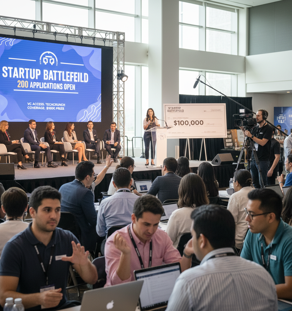 Startup Battlefield 200 applications open: A chance for VC access, TechCrunch coverage, and $100K — AI-generated illustration