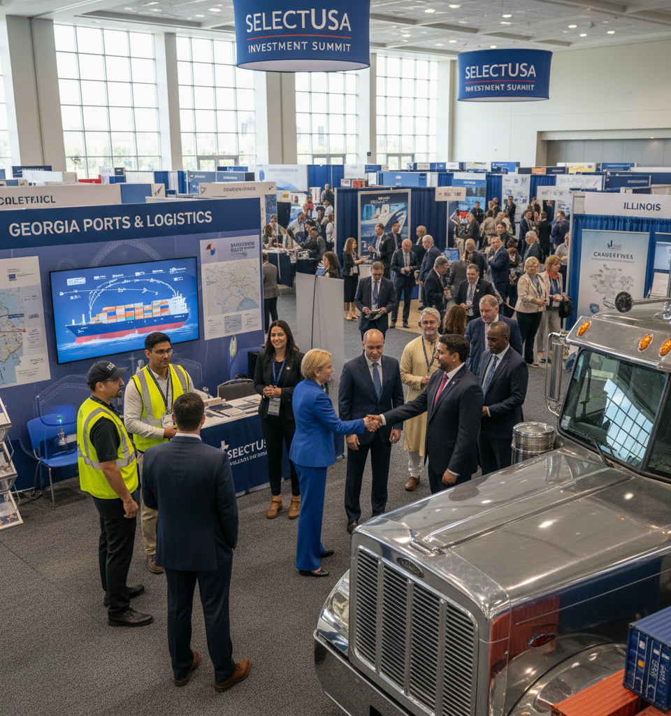 States Vie for Foreign Investment and Trucking Industry Business at SelectUSA Summit — AI-generated illustration
