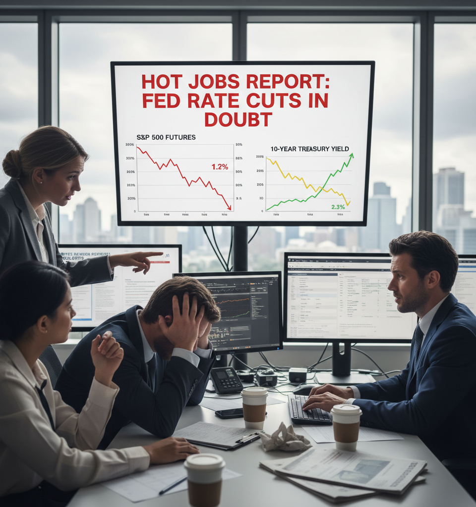 Stock futures and bitcoin slip, Treasury yields climb, as hot jobs report raises more questions about Fed rate cuts — AI-generated illustration