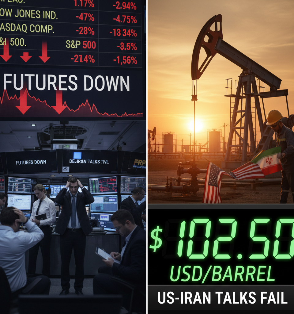 Stock-market futures drop, oil surges back above $100 after failed talks between U.S. and Iran over the weekend — AI-generated illustration