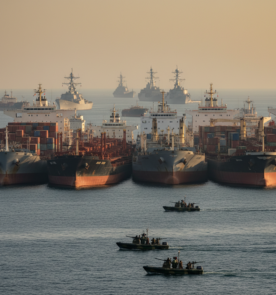 Strait of Hormuz Gridlock: US-Iran Standoff Halts Commercial Transit Since May 5 — AI-generated illustration