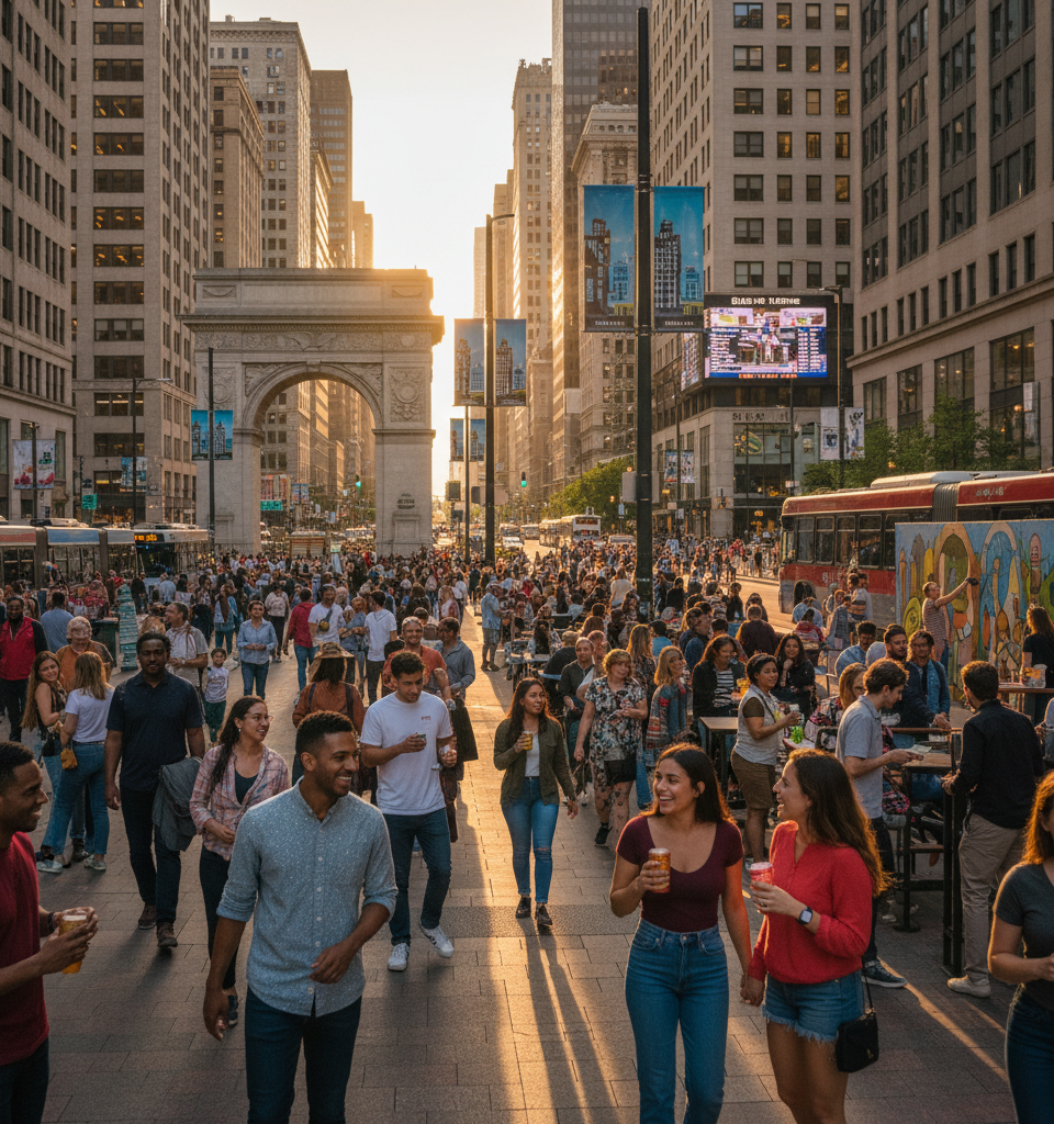 Summer Crowds Signal Urban Comeback Across U.S. Cities — AI-generated illustration