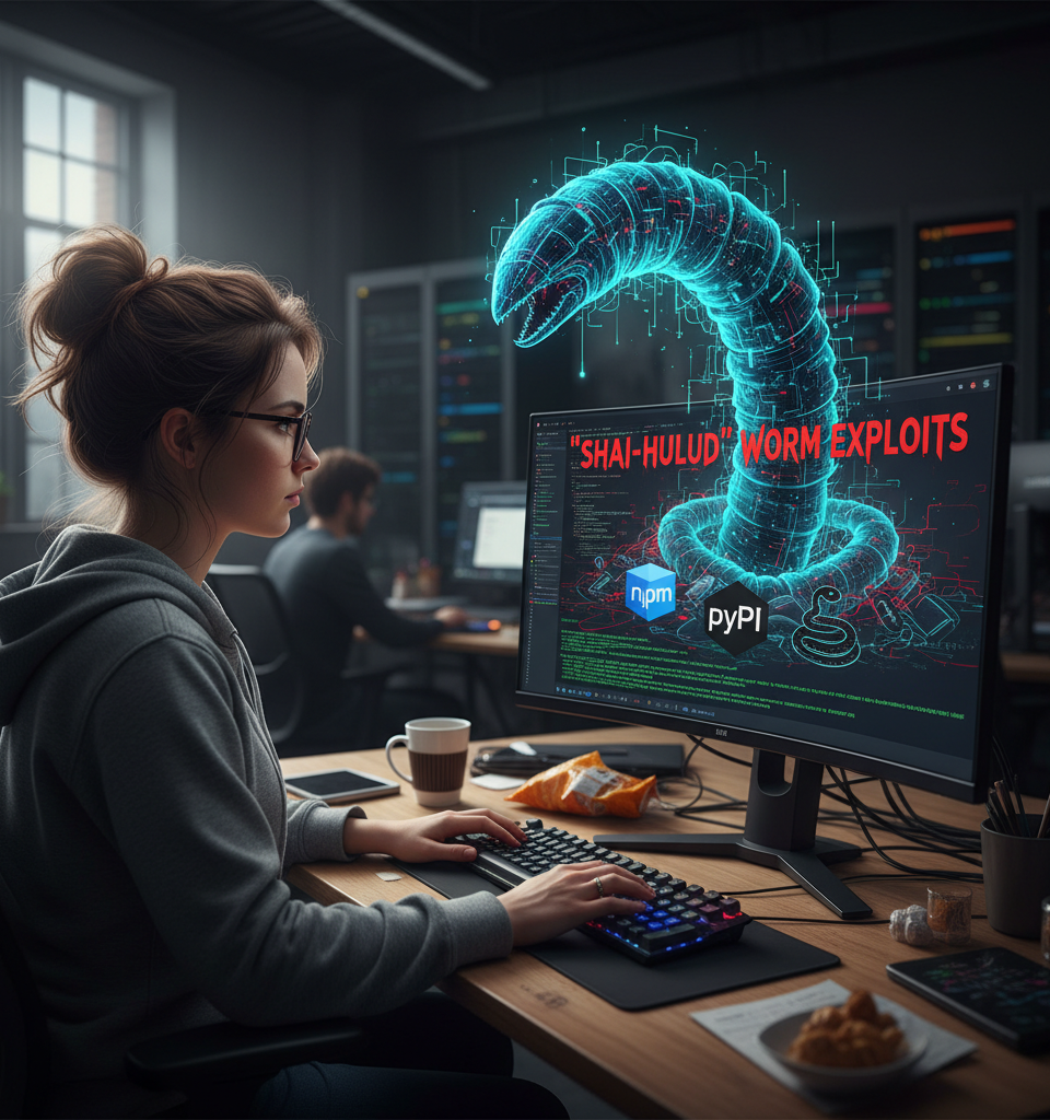 Supply Chain Under Attack: 'Shai-Hulud' Worm Exploits npm/PyPI, Targets Developer Credentials — AI-generated illustration