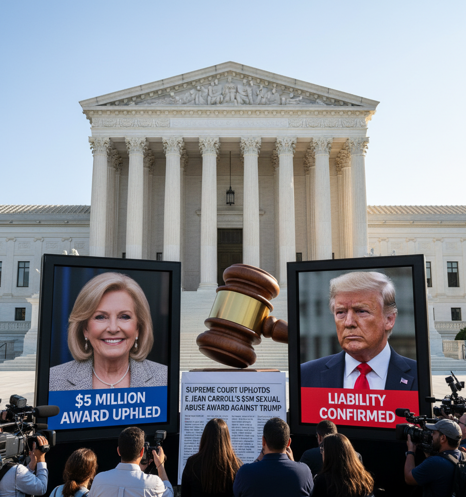 Supreme Court Upholds E. Jean Carroll's $5M Sexual Abuse Award Against Trump — AI-generated illustration