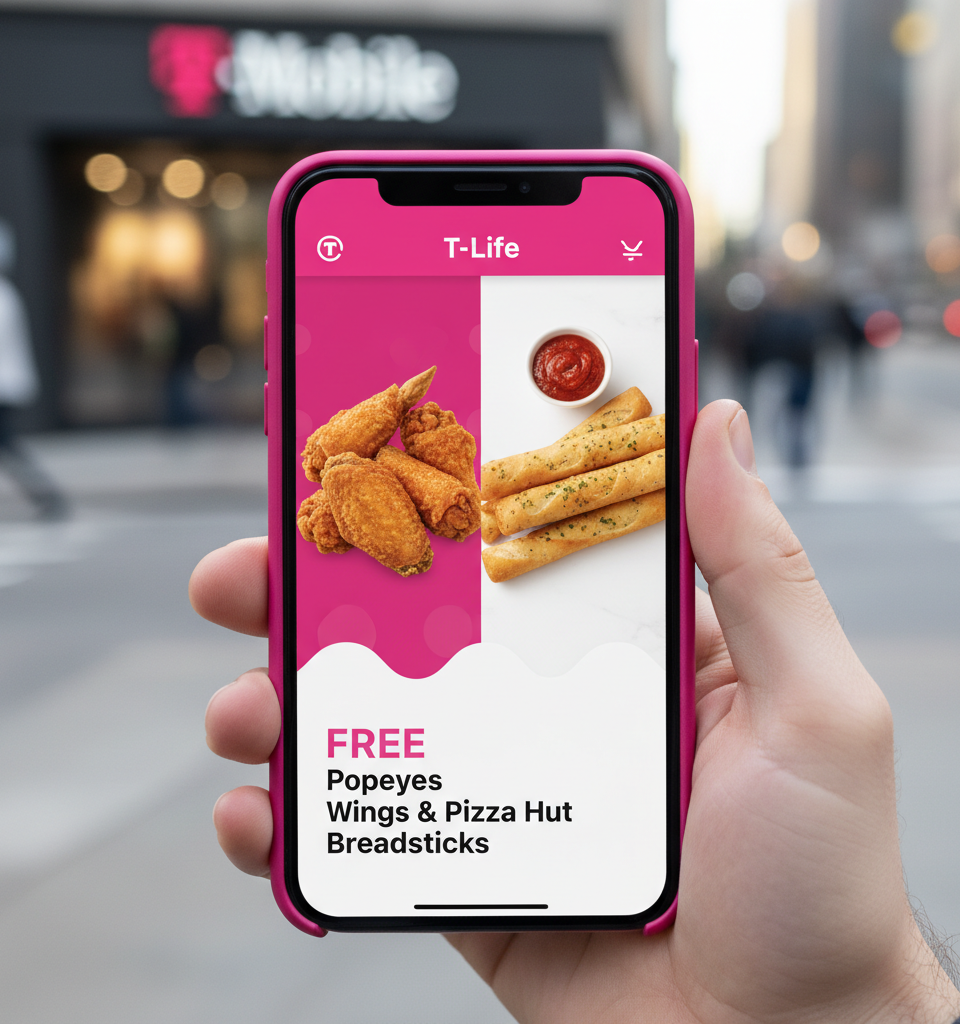 T-Mobile Boosts Subscriber Perks with Free Popeyes Wings & Pizza Hut Breadsticks — AI-generated illustration