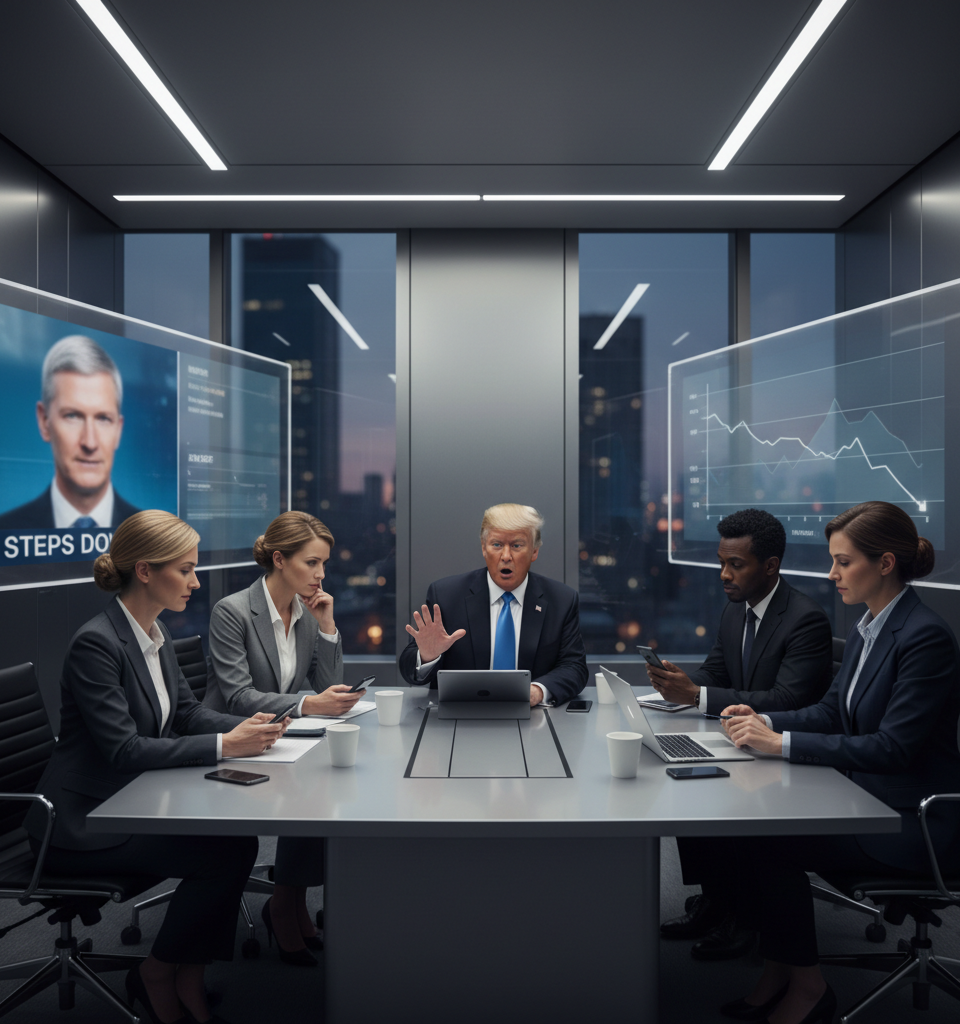 Tech leaders, Trump, and more react to Tim Cook stepping down as Apple CEO — AI-generated illustration