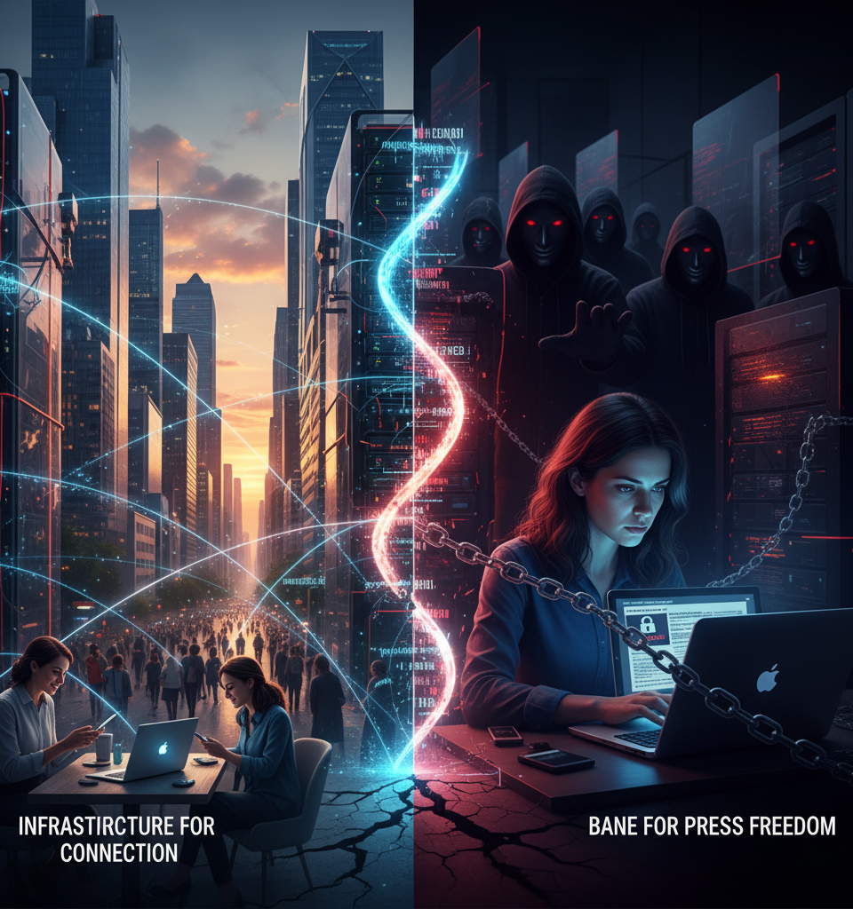 Tech's Double-Edged Sword: Infrastructure for Connection, Bane for Press Freedom — AI-generated illustration