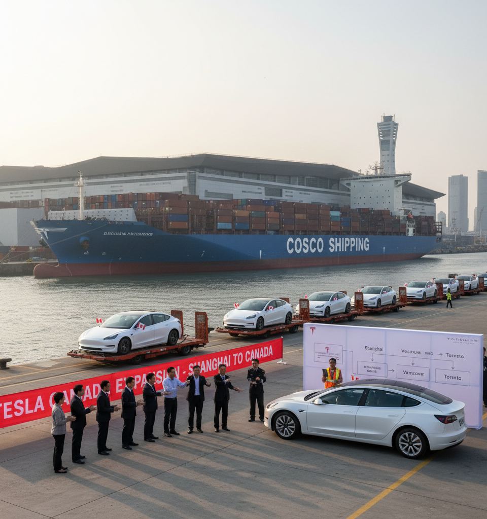 Tesla Leverages Giga Shanghai for Canadian Market Entry Amid Tariff Evasion Strategy — AI-generated illustration