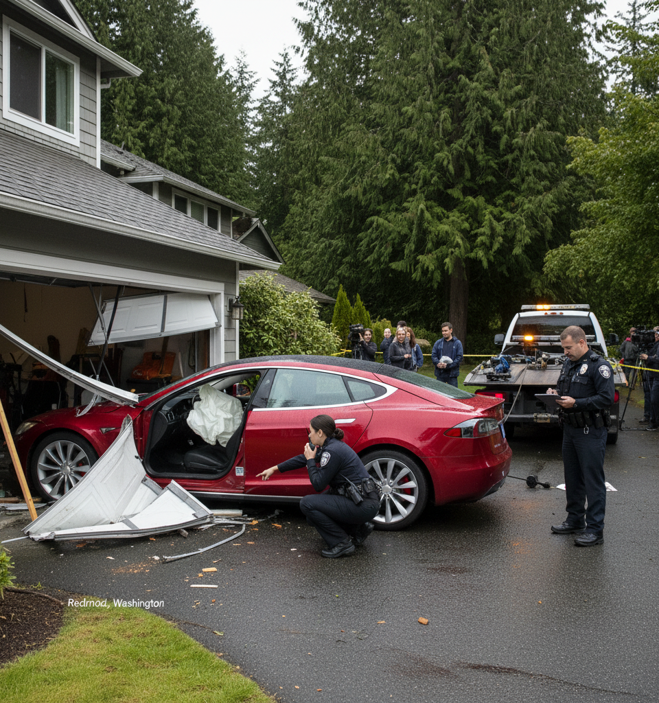 Tesla on Autopilot Crashes into Redmond Garage Door; Police Investigate Malfunction Claim — AI-generated illustration