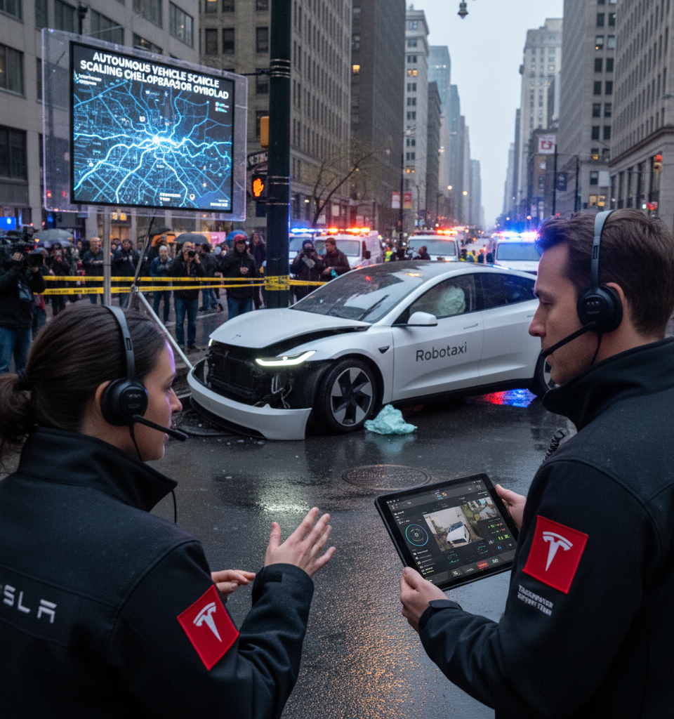 Tesla Robotaxi Crashes Spotlight Teleoperator Role in Autonomous Vehicle Scaling Challenges — AI-generated illustration