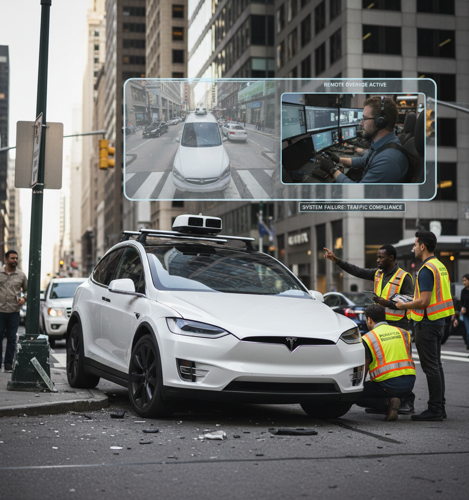 Tesla Robotaxi Setbacks: New Crash Data Highlights Slow Progress and Remote Operator Dependence — AI-generated illustration