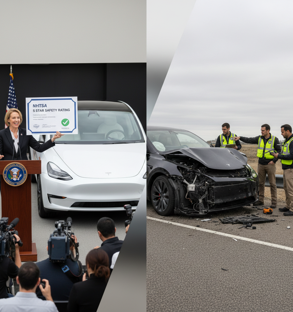 Tesla's Dual Reality: Model Y Aces Safety Test Amidst Major Autopilot Crash Investigation — AI-generated illustration