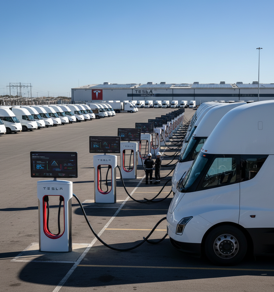 Tesla Targets 'Many Thousands' of Semi Trucks by 2026, Emphasizing Charging Infrastructure Push — AI-generated illustration