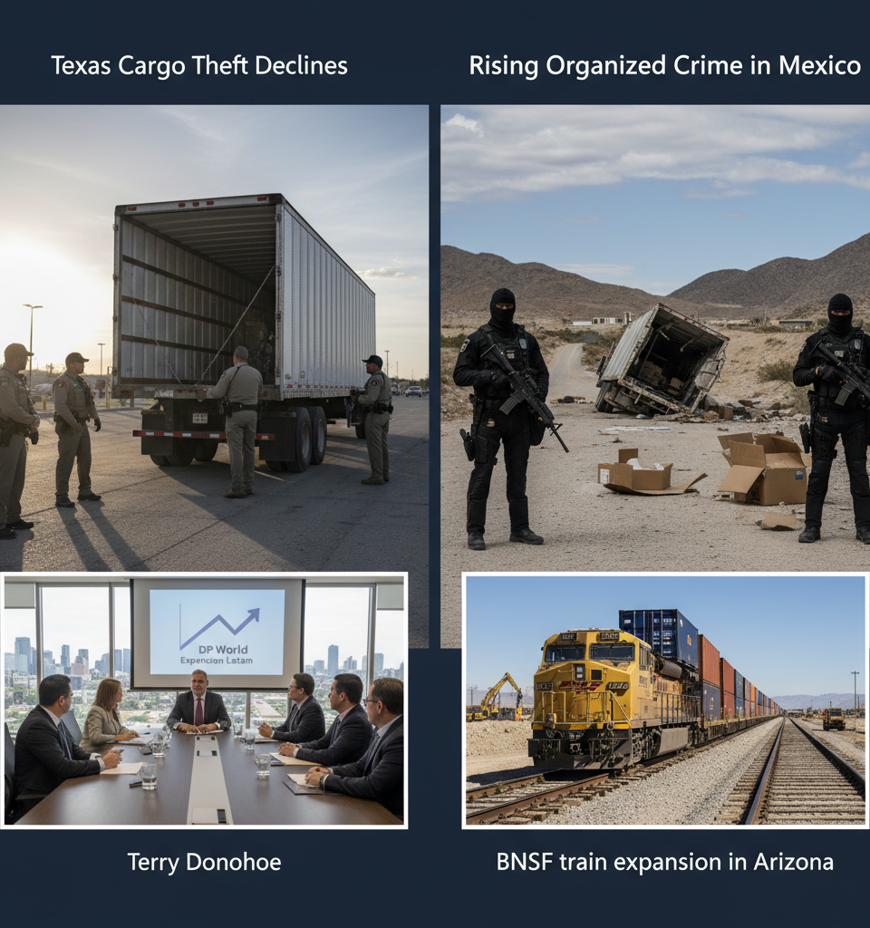 Texas Cargo Theft Declines Amid Rising Organized Crime in Mexico, DP World Expands — AI-generated illustration