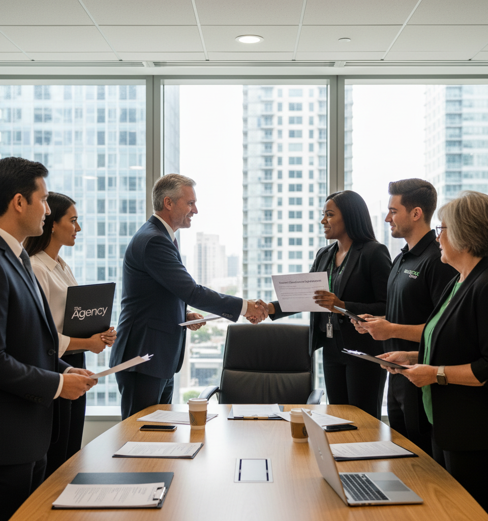 The Agency and Realty ONE Group opt into Tuccori settlement — AI-generated illustration