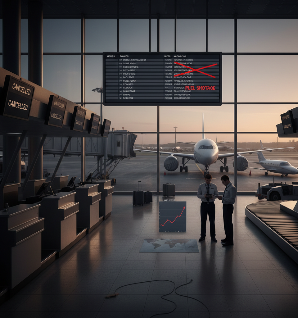 The jet-fuel surge is making global flight connections disappear — AI-generated illustration