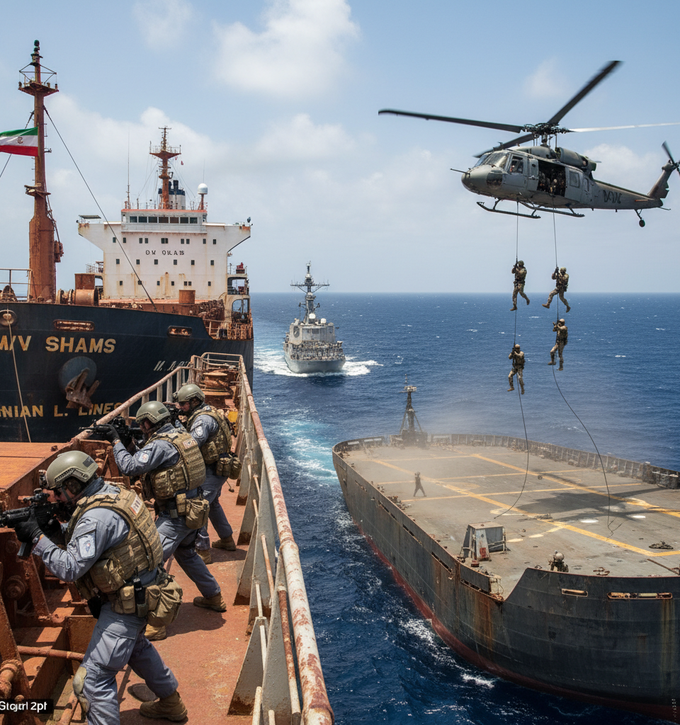 The U.S. is ready to seize Iran-linked ships with boarding parties, report says, while Marines practice maritime raids — AI-generated illustration