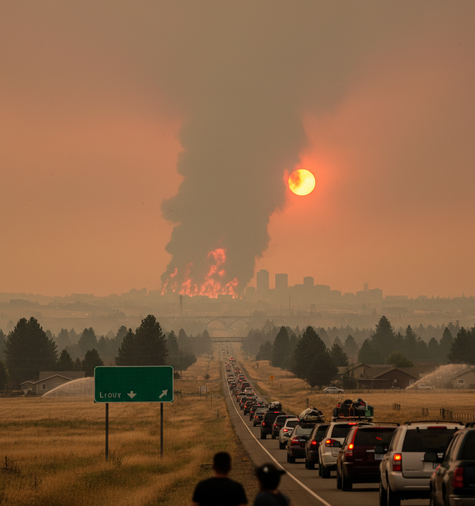 Thousands Under Evacuation as Wildfires Threaten Spokane, Washington — AI-generated illustration